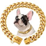 Gold Dog Chain Collar with Buckle,14MM Wide，Strong Steel Metal Chains Collars,18K Gold Plated，Chew Proof Cuban Link Collars for Dogs（10inch，Gold）