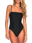 Colloyes Women's Black One Piece Bathing Suit Bandeau with Adjustable Straps Swimsuit High Leg One Piece Swimwear Size Medium