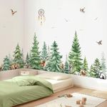 decalmile Large Watercolor Pine Tree Animals Wall Stickers Woodland Forest Tree Fox Deer Bear Wall Decals Baby Nursery Bedroom Living Room Wall Decor (W: 227CM)