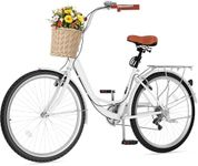 DWVO Beach Cruiser Bike for Women, 24 & 26 Inch Womens Bike with Adjustable Seat, 1&7-Speed Comfort Bicycle for Adults City Commuter with Built-in Lock & Wicker Basket, Multiple Color
