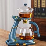 Lazy Kungfu Drip TeaPot, Heat Resistant Tea Set, Semi-Automatic Glass Teapot Suit for Magnetic Water Flow Wooden Glass Teapot Set (BlueDeer handle)