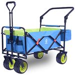 Collapsible Folding Wagon Cart Utility Wagon with Removable Rear Bag Adjustable Push Pull Handle, All Terrain Beach Wagon with Big Wheel for Sand, Heavy Duty Foldable Beach Cart for Sand (Blue-Green)