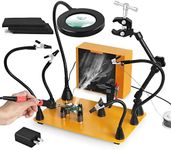 Magnetic Helping Hands Soldering Third Hand with 3X & 6X LED Magnifying Lamp, Hot Air Gun Holder,12V Solder Fume Extractor, Extra Large & Heavy Duty Base, Four Arms Solder Station for Soldering PCB