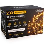 CHRISTOW Christmas Fairy Lights, Warm White LED String Lighting with Timer, Indoor & Outdoor, Tree Lights, Mains Operated, 8 Light Modes Flashing & Static, Green Cable (200 LED / 20m Lit Length)