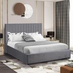 Ottoman Storage Bed, Velvet Double Bed Frame, Upholstered Gas Lift Up Bed Frame With Storage, Ottoman Storage Bed With Wooden Slats, (4ft6 Dark Grey Double Bed Frame 135 x 190, No Mattress)