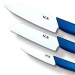 Vos Ceramic Knife Set with Covers 3 Pcs - 6" Chef Knife, 5" Santoku Knife, 4" Paring Knife, 3 Covers - Ideal Kitchen Knives for Fruit, Vegetables and Meat - Elegant Gift Box (Blue)