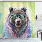 Ambesonne Animal Shower Curtain, Funny Cool Low Wild Hipster Bear Spectacles Colorful Portrait Themed Print, Cloth Fabric Bathroom Decor Set with Hooks, 69" W x 70" L, Lime Green