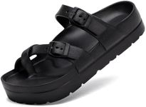 Waysoland Women's Platform Sandals with Arch Support Comfortable Slides Thick Soles Flat Sandals With Adjustable Buckle & Ultra Cushion(Black,6 UK)