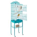 Yaheetech Roof Top Bird Cage Metal Parrot Cage with Rolling Stand for Budgies Cockatiels Parakeets Canary Extra Large Pet Home Teal Blue