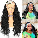 Sapphirewigs Body Wave Headband Wig Synthetic Long Wavy Wig for Women Glueless Black Wigs Natural Looking 150% Density 26 inch