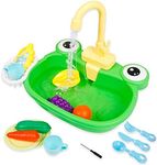 Ruibytree Play Kitchen Sink Toy, Water Toys for Kids with Electronic Dishwasher, Pretend Play Utensils Accessories and Play Cutting Food for Boys and Girls (Cute Frog)