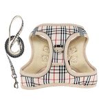 YUDOTE Step in Dog Harness and Lead Set,UK Style Plaid Vest Harnesses with Front Clip for Small to Medium Dogs,Beige