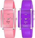 Acnos Polyurethane Premium Brand Pink Dial And Purple Square Analog Watches Pu Belt Watches For Girls Watches For Women Pack Of 2, Pink Band