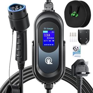 Evjuicion EV Charger Cable Type 2 to 3 Pin Plug, 10M 3.3kW Electric Car Charger, 6/8/10/13A Adjustable Type 2 Charging Cable, 12 Hours Delay Timer, with Bag & 2.4" Display for Type 2 EV & PHEV