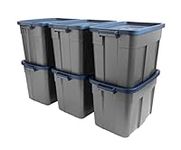 Rubbermaid Roughneck 18 Gallon Storage Totes, Pack of 6, Durable Stackable Storage Containers with Lids, Nestable Plastic Storage Bins for Tools, Grey and Dark Indigo Metallic (RMRT180062)