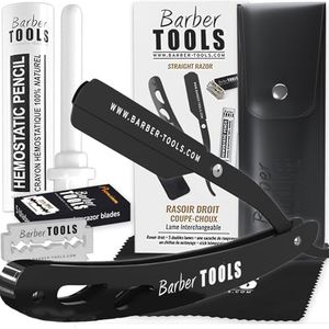 Rasoio da barba uomo/rasoio a mano libera per barba - con pietra d'allume, panno lucidante, custodia, 5 lame doppie - (rasoio da barbiere) - NERO - BARBER TOOLS