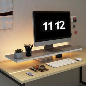 LA QUEENIE Monitor Stand Riser,Wood & Acrylic Computer Monitor Stand with LED Light,Desk Accessories Desktop Organizer Stand for Computer,Laptop,Printer,PC & TV Screen Riser (White)