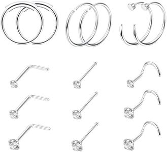 FINREZIO 15PCS 22G Surgical Steel Nose Rings Hoop Studs Cartilage Earrings Body Piercing Jewelry Silver 1.5mm 2mm 2.5mm CZ 10MM