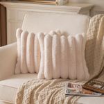 Yaertun Beige Striped Decorative Throw Pillow Covers 16x16 Inch Set of 2 Plush Soft Pillowcase with Velvet Back Faux Rabbit Fur Cushion Covers Sofa Couch Bed Livingroom