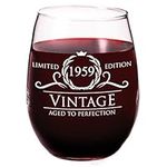 65th Birthday Gifts for Women Men - 1959 Vintage Style Stemless Wine Glass - 65th Birthday Decorations for Women - Wine Accessories Birthday Glasses - Retirement Gifts for 65 Year Old Woman - 15 oz