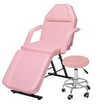 Vanimeu Massage Table 3-Section Adjustable Beauty Tattoo Bed Couch with Armrests and Salon Stool for Therapy Reiki Treatment - Sturdy Frame PU leather (Pink)