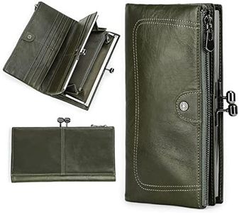 Contacts Portafoglio da donna con chiusura a bacio, in pelle, per telefono, pochette per telefono, portafoglio a tre ante, tasca portamonete, porta carte vintage con finestra per foto, Verde, Retro