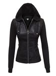 Made By Johnny Faux Leather Jacket Women Motorcycle Coat for Biker with Removable Hood, Wjc1347_black_black, L