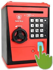 Kids Safe Box with Fingerprint Code, Talking Piggy Bank, Atm Savings Bank for Real Money, Great Toy Gift for Children(Black/Red)