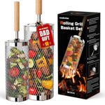 cookwise Rolling Grill Basket,Upgraded 304 Stainless Steel,Nesting Grilling Net,Removable Wooden Handle,BBQ Accessories Tools for Veg,Prawns & Meat,Camping Outdoor Cooking,Gifts for men Dad
