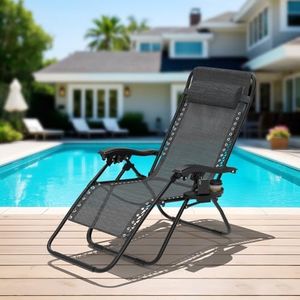 Fauteuil Relax avec Poche Latérale, Chaise Longue Pliable Extra Large en Textilène, Multiposition avec Dossier Réglable et Accoudoirs, Transat Portable Zéro Gravité pour Jardin-Plage-Camping, Noir
