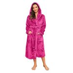 HEARTNICE Womens Hooded Fleece Robe, Thick Warm Plush Bathrobe for Women, Long Fluffy Comfy House Coat Long Fur Fleece(Rose Red,S/M)