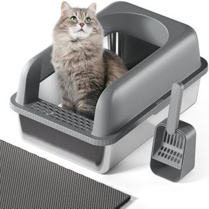 Enclosed Stainless Steel Cat Litter Box With Lid, Extra Large, Non-Sticky, Anti-Leakage, Easy Cleaning, Include Litter Mat & Scoop, Dark Gray