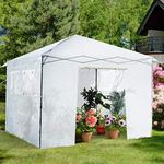 COSTWAY Pop-up Walk in Greenhouse, Height Adjustable Portable Grow House with PE Cover, Windows & Roll-up Doors, Steel Frame Mini Green House for Garden Backyard (White, 300x300x255-275cm)