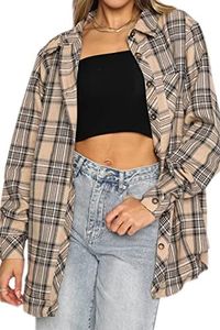 CHYRII Womens Button Down Flannel Shirts Long Sleeve Plaid Shacket Business Casual Blouse Topss Tan -7111 XXL