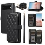 ELISORLI Wallet Case for Google Pixel 6 with Detachable Wrist Strap, Crossbody Shoulder Strap, 9+ Card Slots, Zipper Purse Luxury PU Leather Stand Cell Phone Cover for Pixel6 Pixle Six Women Black