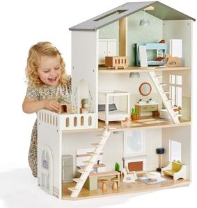 Giant bean Wooden Dolls House, Modern Dollhouse with Lights & 37 PCS Furniture Set – Nordic Style 3-Story Playhouse for Kids Age 3+, Doll House with Realistic Rooms, Gift for Girls & Boys