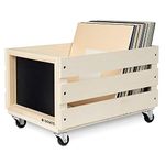 Navaris Wood Record Crate with Wheels - Vinyl Album Storage Holder Box Wooden Case with Chalkboard Sign Board - Holds up to 80 LP Records - Natural