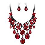 Clearine Tribal Ethnic Diamante Crystal Gemstone Wedding Bridal Costume Chunky Statement Necklace Dangle Earrings Jewellery Set Ruby Color Black-Tone