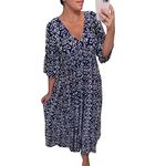 MAOAEAD Bohemian Casual Print V-neck Elasticated Waist Wrap Long Dress, Elegant Print Maxi Dress for Women Summer Loose Frill Sleeve Beach Dresses (Navy,5XL)