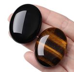 DUQGUHO 2 PCS Healing Crystal Stones Black Obsidian Tiger Eye Oval Palm Pocket Stones Natural Tumbled Polished Crystals Stones Worry Stones for Anxiety Relief Meditation Therapy 1.6"