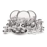 Attro Stainless Steel Solid Dinner Set of 6 Thali, 6 Plate, 12 Bowl, 6 Glass, 6 Spoon (Thali Diameter 12 Inch) - Set of 36, Silver, Standard