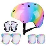 Basumee Kids Helmet and Pads Set Age 3-8 Years Kids Skateboard Helmet Knee Pads Elbow Pads Wrist Pads for Roller Scooter Cycling Skating, Rainbow