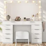 YITAHOME Makeup Vanity Desk with Large Mirror, 10-Drawer Vanity Set with Glass Tabletop & Charging Station, Dressing Table with Storage Chair & 3-Color Brightness Adjustable Lighting, Pearl White