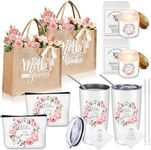 Hushee 2 Sets Mother of the Bride and Mother of the Groom Gifts Set Includes 20 oz Tumblers Canvas Tote Bags Cosmetic Bag Handkerchief Candle for Mom Bridal Shower Wedding Gifts (Flower)