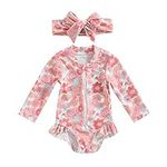 Jeqckloves Infant Baby Girl One Piece Swimsuit Headband 2Pcs Bathing Suit Long Sleeve Sunsuit Beachwear Swimming Set (Style B,12-18 Months)