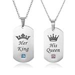 Cupimatch 2 pcs CZ His and Her Love Heart Dog Tag Pendant Necklace, Stainless Steel Chain Couple Matching Necklace Set (Silver King Queen)