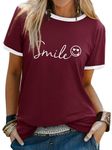 Dresswel Womens T-Shirt Cute Funny Smile Face Graphic Print Tee Shirts Summer Tops(Wine Red, L)