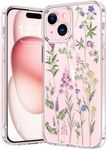 bicol Compatible with iPhone 15 Case,Crystal Clear Cover with Fashionable Designs for Girls Women,Slim Fit Shockproof Protective Acrylic Phone Case 6.1 inch Little Flowers Leaves