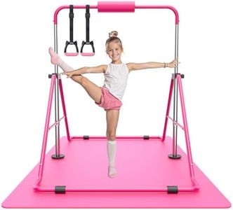 Sportsroyals Gymnastics Bar for Kids,Adjustable Height Gymnastic Horizontal Bars,Folding Gymnastic Junior Training Kip Bar for Home, Pink (Pink+mat)