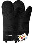 Anaeat Extra Long Silicone Oven Mitts Set of 2, Flexible Heat Resistant Pot Holders with Quilted Liner, Textured & Non Slip Oven Gloves Waterproof for BBQ, Kitchen Baking & Cooking (Black)